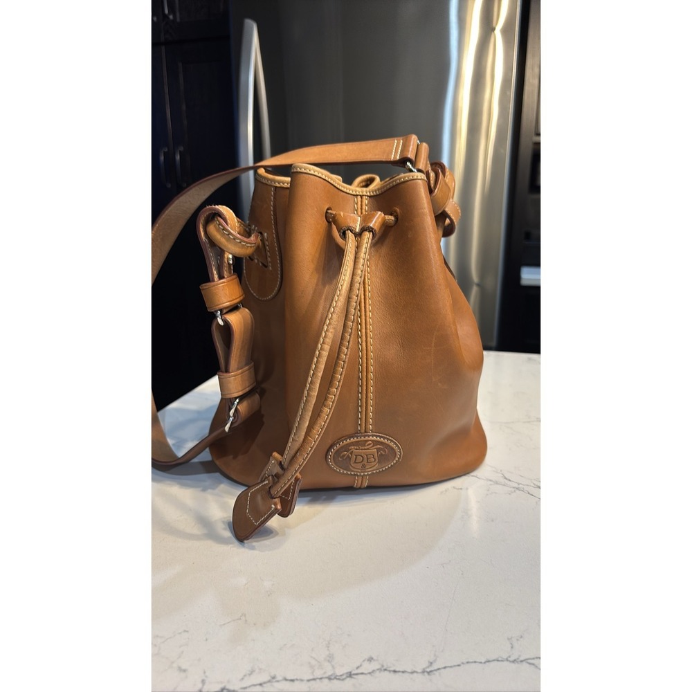 Dooney & Bourke Tan All Weather Leather Drawstring Bucket Bag Purse